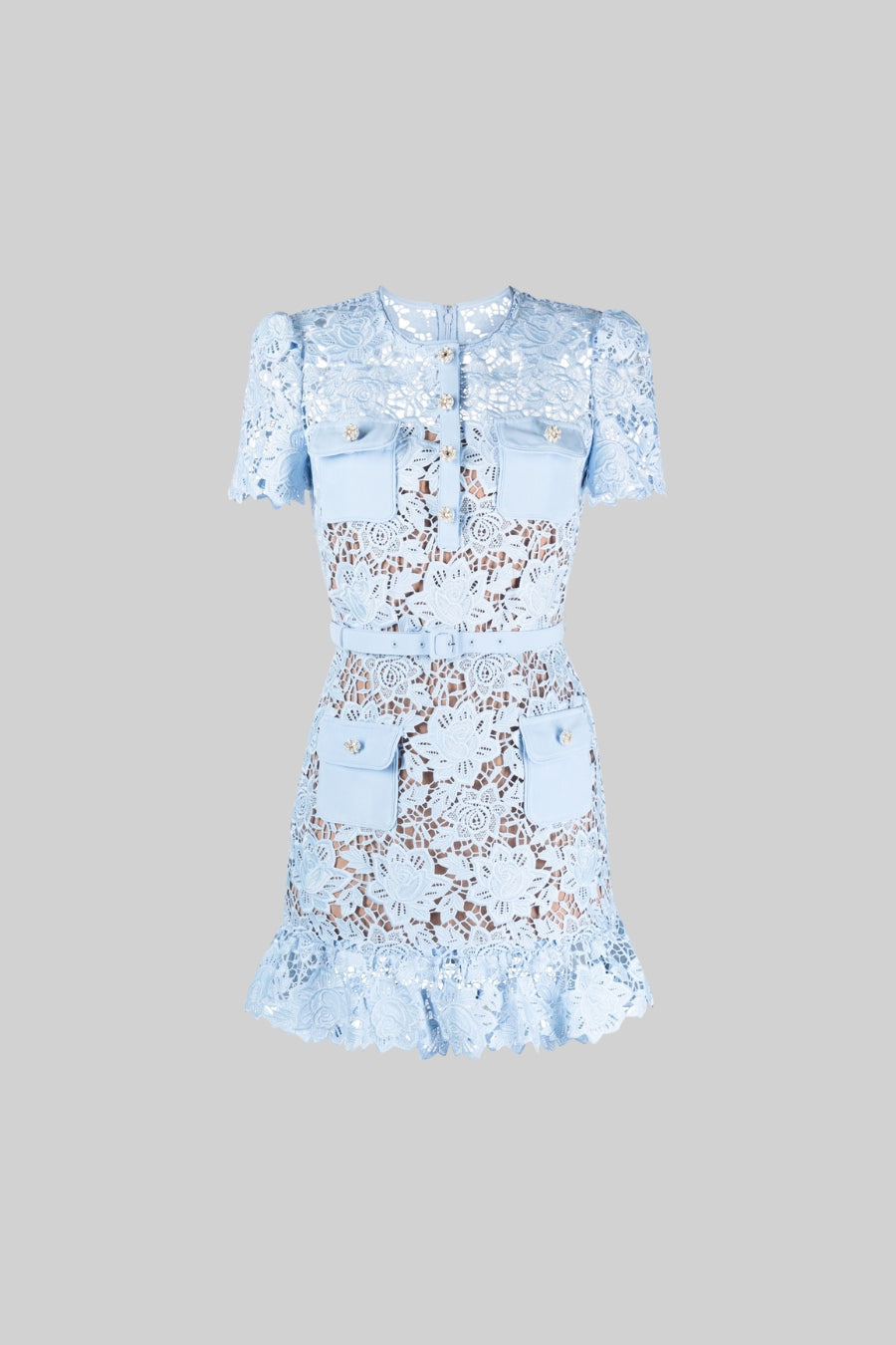 Lydia™ | Short Sleeve Blue Dress with Delicate Floral Embroidery