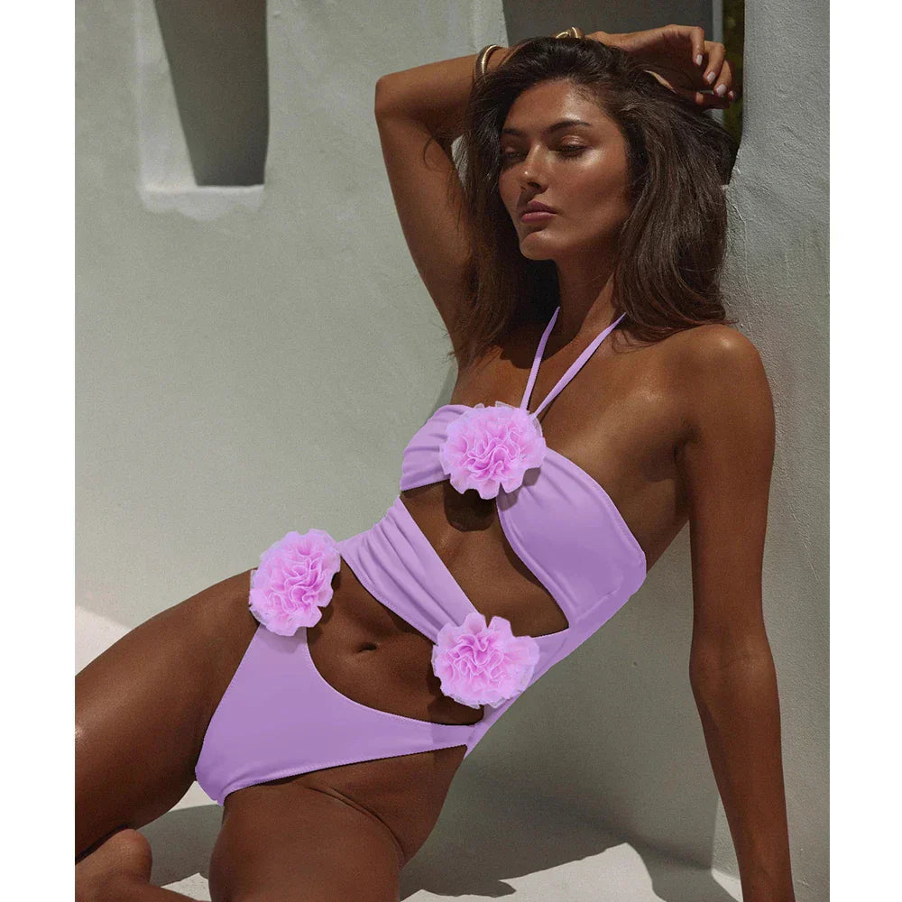 Gwendolyn™ | Women's 3D Flower Halter Cut Out One Piece Swimsuit