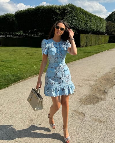 Lydia™ | Short Sleeve Blue Dress with Delicate Floral Embroidery